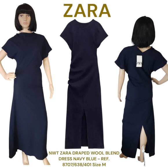 Zara Dresses & Skirts - Zara Navy Blue Draped Wool Blend Midi Dress